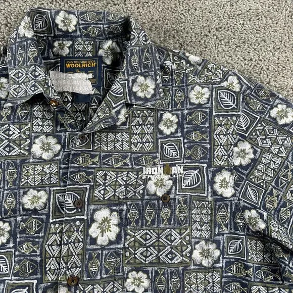 Woolrich Hawaiian Shirt Mens Large Blue White Polynesian Cotton Button Up FLAW - Picture 3 of 13